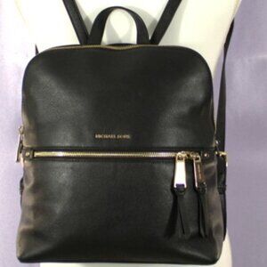 Michael Kors Black Pebbled Leather Backpack Gold Hardware Tassel Zip Medium